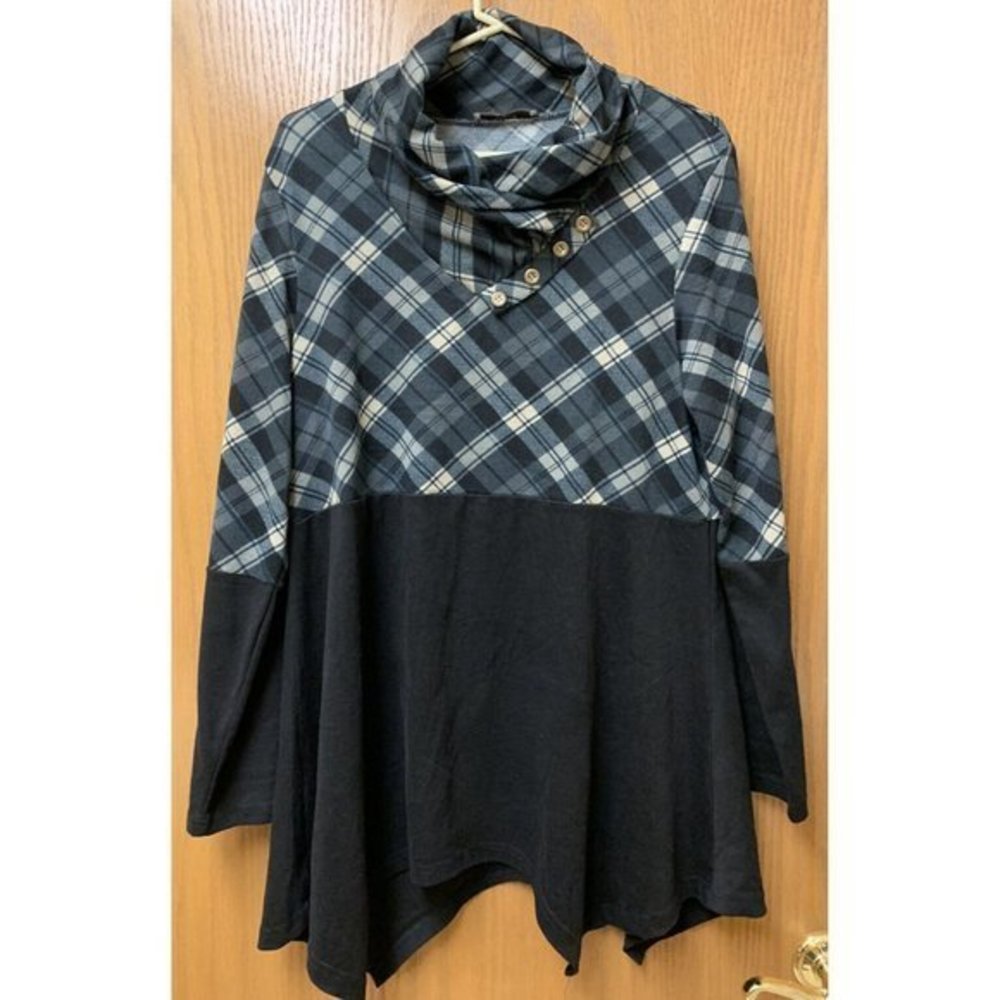 Cestyle Cowl Neck Tunic Plaid Black Long Sleeve Button Neck Sweater Sz XL